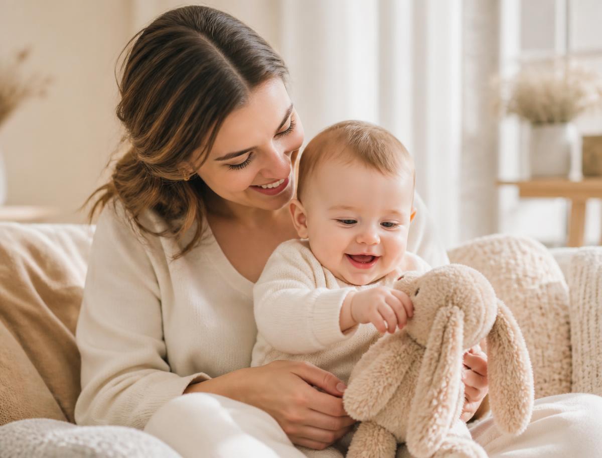 Mamá y bebé jugando con un peluche suave en casa